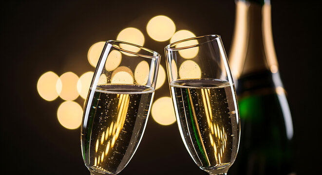 Luxury beverage scene featuring an intimate toast, high-contrast lighting, and the rich color of sparkling wine for a sophisticated announcement.