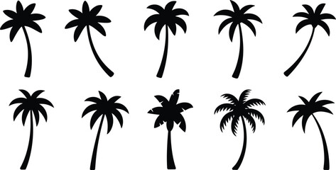 “Collection of tropical palm tree silhouettes for summer design, beach vacation graphics, nature icons, exotic island illustration elements in vector format”