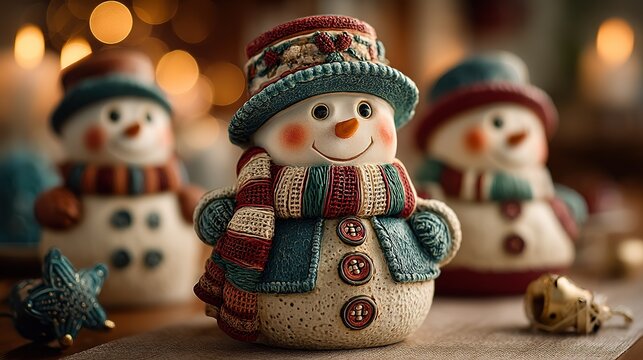 Three charming ceramic snowman figurines aligned in a row, with the central figure in sharp focus wearing a blue knit hat and a multicolored scarf, set against a warm, festive bokeh background
