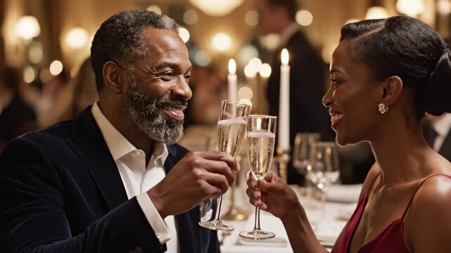 Happy couple clinking glasses with sparkling wine at luxury restaurant. Romantic evening date for anniversary celebration. Perfect for lifestyle, relationship and holiday themes.