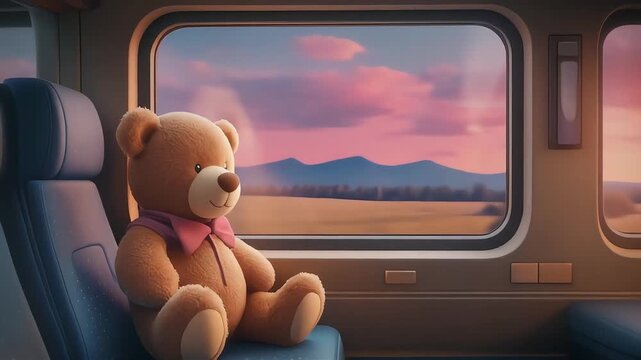 Animated plush teddy bear sitting in a train carriage seat, observing a beautiful pink and purple sunset view through the window, ideal for kids' content and nostalgic travel advertisements.