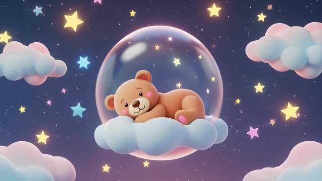 Cute 3D animation of a sleeping teddy bear character floating in a clear bubble among pastel clouds and twinkling stars, ideal for nursery rhymes and baby product advertising.