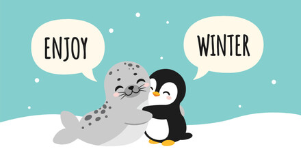 Kawaii seal and penguin hugging under falling snow with “Enjoy Winter” captions. Ideal for kids’ stationery, winter décor, cute merchandise, and seasonal character designs