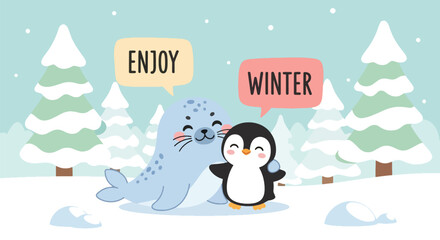 Kawaii seal and penguin hugging under falling snow with “Enjoy Winter” captions. Ideal for kids’ stationery, winter décor, cute merchandise, and seasonal character designs
