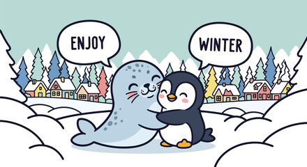 Kawaii seal and penguin hugging under falling snow with “Enjoy Winter” captions. Ideal for kids’ stationery, winter décor, cute merchandise, and seasonal character designs