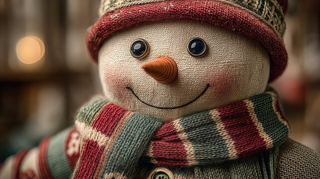Snowman doll head close-up with button eyes and carrot nose wears red-gray knit hat and plaid scarf, set against warm bokeh background highlighting its smiling expression and detailed facial features.