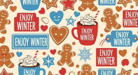 Smiling gingerbread cookies, stars, and hearts scattered with “Enjoy Winter” labels. Ideal for bakery themes, kids’ prints, holiday packaging, and sweet winter designs