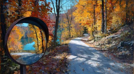 Autumnal road reflected in a mirror, vibrant foliage, and a tranquil lake