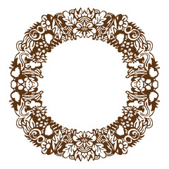 A round frame of hand-drawn floral and other decorative elements. Version 2. Vector illustration
