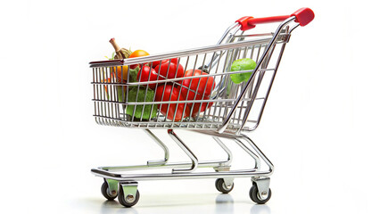 Fresh Vegetables and Fruits in Shopping Cart on Light Background