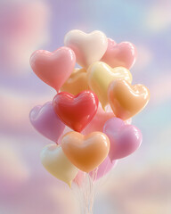 heart shaped balloons floating soft pastel background