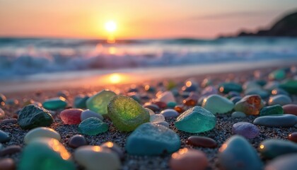 Sea glass stones lie on beach. Waves crash at dusk on background. Close up view of colorful pebbles on sand reflecting sunset light. Shoreline detail perfect meditation wellness design concept.