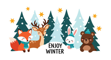 Chibi forest animals—fox, deer, bunny, bear—gathering in snowy forest with “Enjoy Winter” bubbles. Ideal for children’s décor, wallpapers, gifts, and playful winter themes