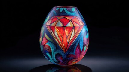 Painted glass vase, teardrop shape, vibrant design.  Large, bold diamond in center.  Intricate floral and abstract patterns