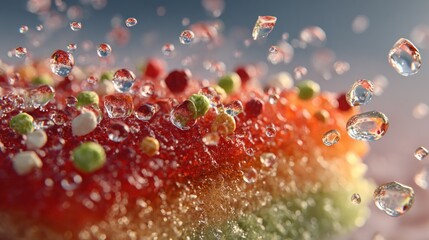 Close-up view of colorful jelly candies covered in water droplets