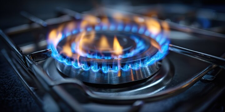 Flames dance on a gas stove during evening cooking session in a cozy kitchen