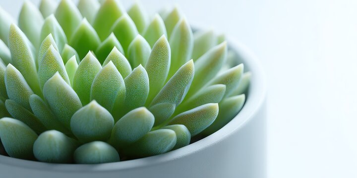 Close-up view of a succulent plant in a simple white pot showcasing vibrant green leaves in bright light - Powered by Adobe
