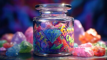 Glass jar, vibrant colorful crystals, graffiti-style diamond