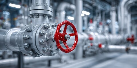 Metal pipes and a bright red valve in an industrial facility showcasing advanced piping systems and machinery in a well-lit environment