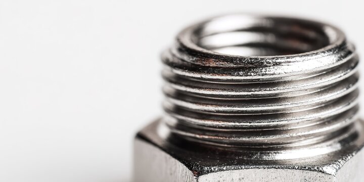 Close-up view of a metallic nut showing detailed threads and surface texture in bright lighting - Powered by Adobe