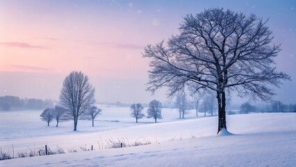 Frozen trees on snow-covered hills under a soft colorful sky