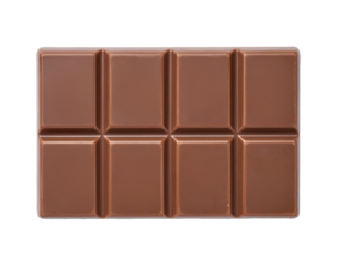 Milk chocolate bar with rectangular pieces and smooth surface from top view on isolated background