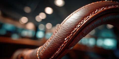 Close-up of a leather saddle with detailed stitching in a workshop during daylight hours