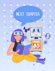 Girl Reading Book in VR Glasses with Robot Fridge. Future of Education and Relaxation