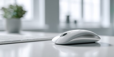 White computer mouse on a clean desk with soft natural light in a bright workspace during the day
