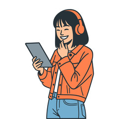 Animated Woman with Tablet on Transparent Background Flat Vector Illustration