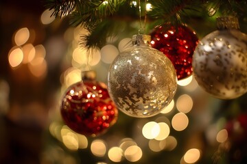 christmas ornaments on tree glowing bokeh