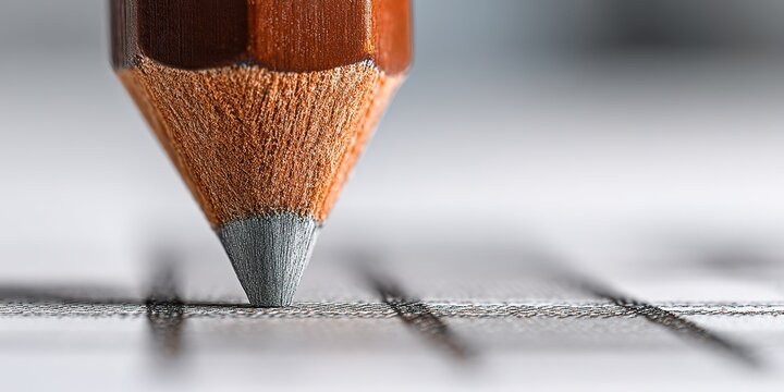 Close up view of a sharpened pencil poised above lined paper during writing session