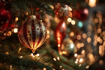 christmas ornaments on tree, macro shot