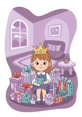 Girl with crown and gifts in a cozy living room setting