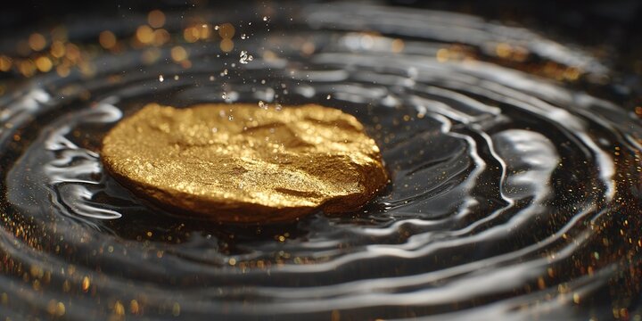 Golden stone splashes in dark water, creating ripples and sparkles