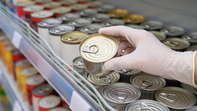 Close-up of a supermarket worker&rsquo;s gloved hand placing canned goods on a metal shelf, highlighting retail stocking, product display, and supermarket organization