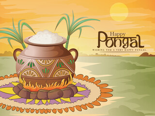 illustration of Pongali Celebration with Rice In Mud Pot and colourful background
