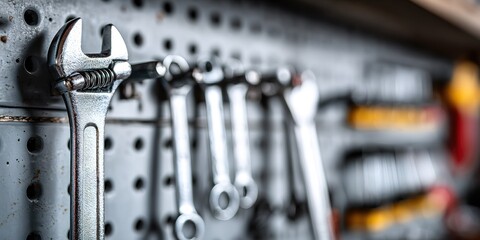 Metal tools hanging on a pegboard in a workshop showcasing an organized workspace for repairs and maintenance tasks