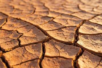 Fototapeta premium Close-up of cracked, sunlit clay ground, showcasing patterns of drought and arid conditions, highlighting environmental impact and barren landscape.