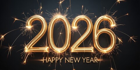 Happy new year 2026 with golden balloon and fireworks on dark background design