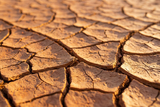 Close-up of cracked, sunlit clay ground, showcasing patterns of drought and arid conditions, highlighting environmental impact and barren landscape. - Powered by Adobe