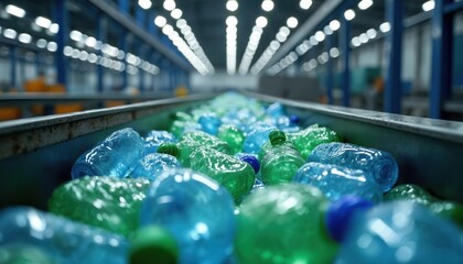 Crushed plastic bottles move on a conveyor belt in a recycling plant. Bottles are sorted for reuse and reprocessing. Industrial machinery helps process waste for sustainability. Focus on ecology.