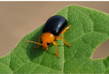 A ciose-up image of a pumpkin Deene (Aulacophora femoralis), a bright orange leaf beetle commonly found on cucurbit plants. This species is known as an agricultural pest,