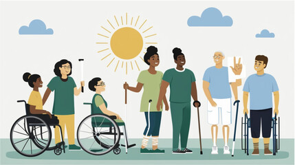 A flat vector illustration representing the "International Day of Persons with Disabilities". The image features a diverse group of seven adults, some standing and two using assistive devices 