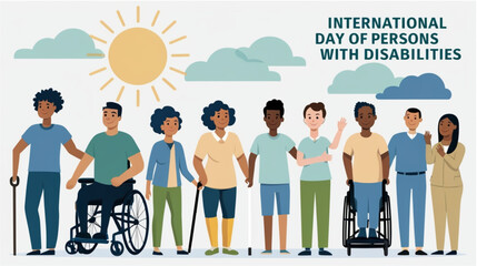 A flat vector illustration representing the "International Day of Persons with Disabilities". The image features a diverse group of seven adults, some standing and two using assistive devices 