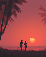 couple holding hands, sunset beach background