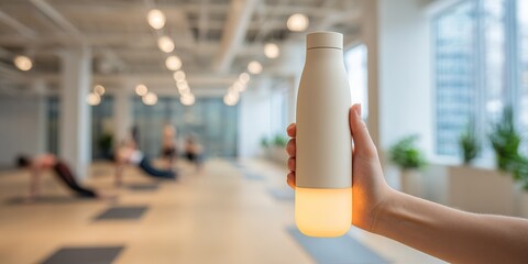 Hand holding a modern water bottle in a bright gym environment during a fitness class