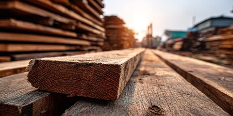 Wood planks stacked in a lumber yard during sunset showcasing the industry and craftsmanship involved