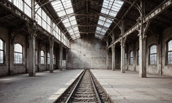 Abandoned rail depot, tracks embedded in concrete floor leading nowhere, clerestory windows flooding space with natural light, shot along rail
