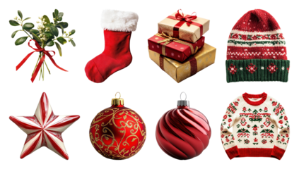 PNG Festive holiday decorations and apparel, element set on transparent background